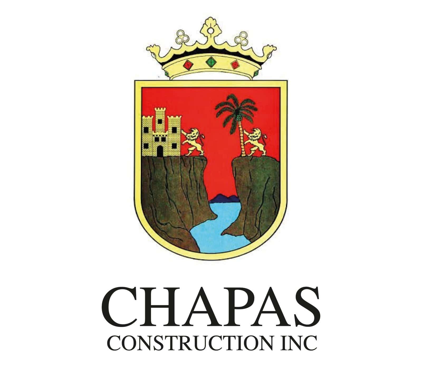 Coat of arms with castle, lions, palm tree, and river, representing Chapas Construction Inc.